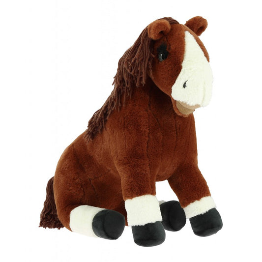 Plush horse toy with brown body, white face, and black hooves on a white background
