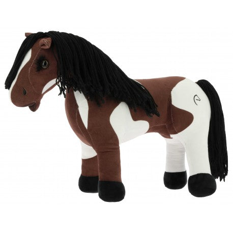 Plush horse toy with brown and white pattern on a white background