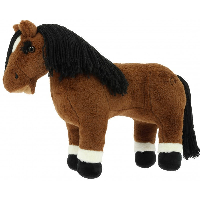 Plush horse toy with brown body, black mane, and black hooves on a white background