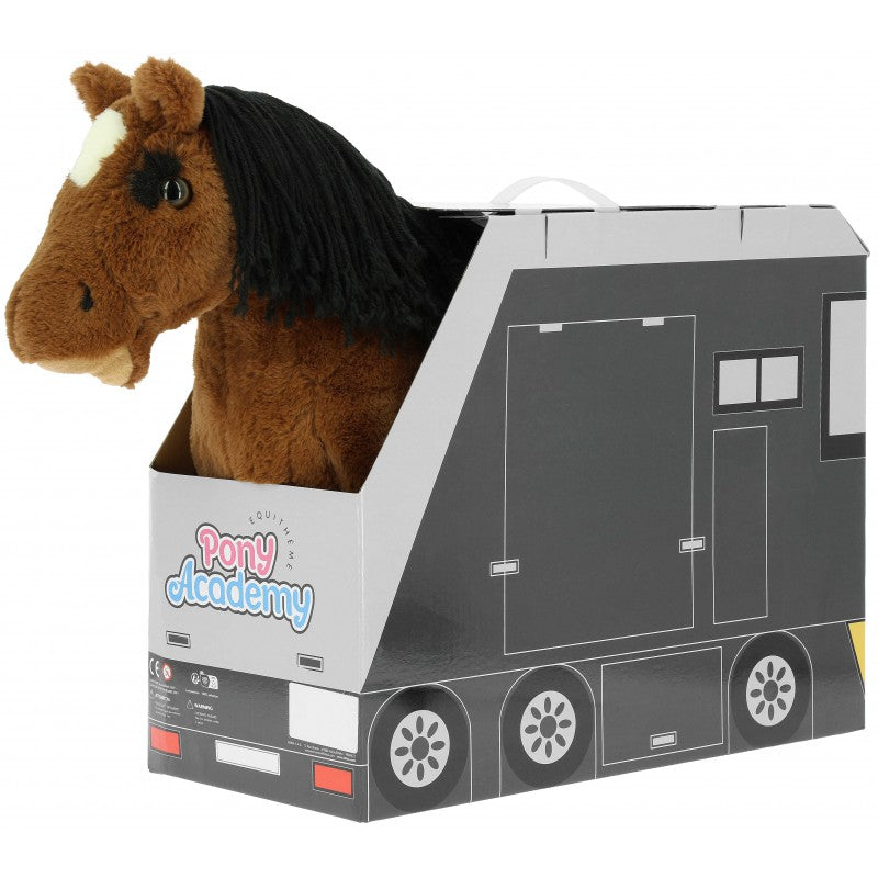 Plush horse toy inside a toy truck with 'Pony Academy' branding on a white background