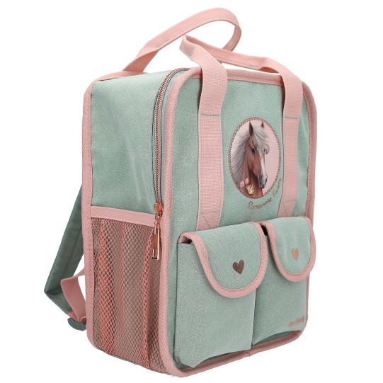 Backpack with pink straps and a horse design on a white background
