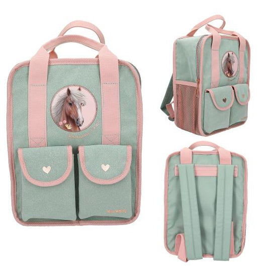 Green and pink backpack with horse design on a white background