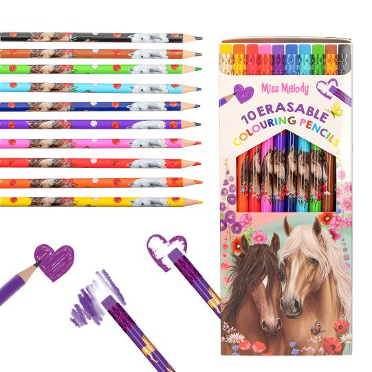 Miss Melody erasable pencils shown in a case, separately and individually on a white background
