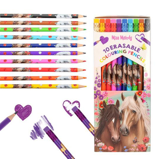 Miss Melody erasable pencils shown in a case, separately and individually on a white background