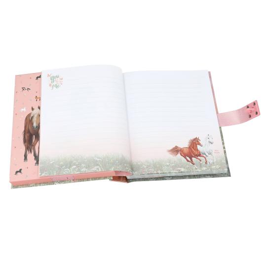 Open book with horse illustrations on a white background