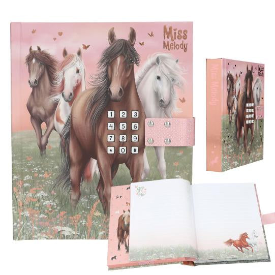 Notebook with horse design and digital lock on a pink background