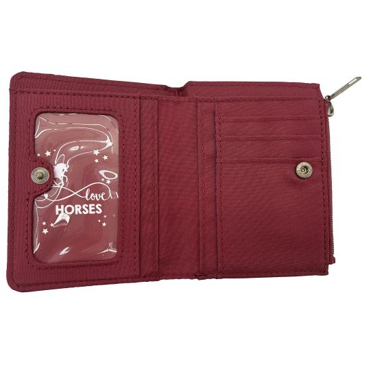 Red wallet with a clear window featuring 'love horses' text on a white background