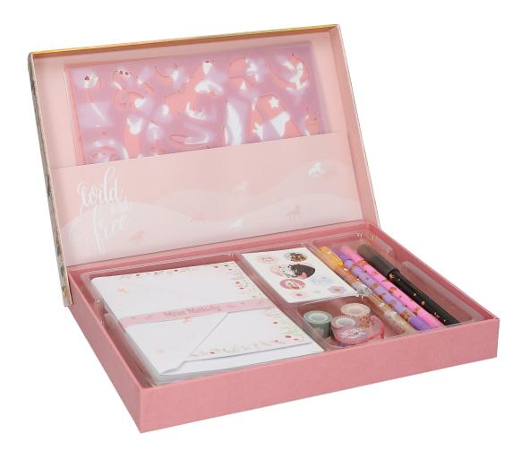 Box with letter writing paper and pens on a white background