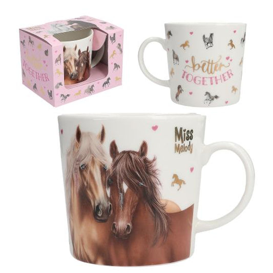Two mugs with horse designs and text, one in packaging, on a white background