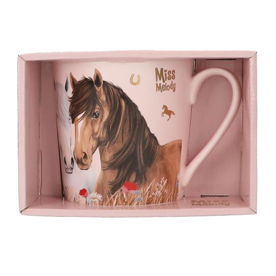 Mug with horse design in a pink box, featuring the brand 'Miss Melody'.