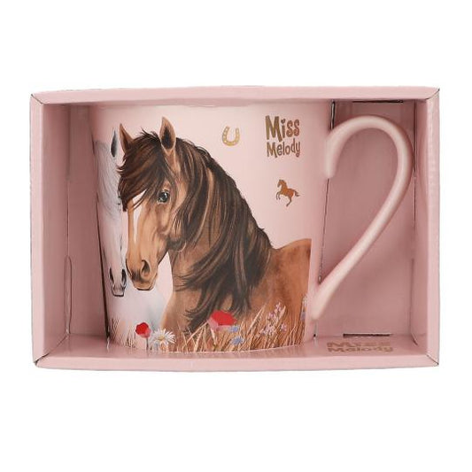 Mug with horse design in a pink box, featuring the brand 'Miss Melody'.