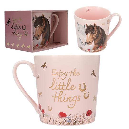 Pink mug with horse design and 'Enjoy the little things' text, displayed with packaging.