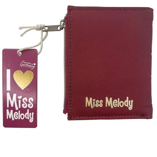 Maroon wallet with 'Miss Melody' branding and a matching tag on a white background