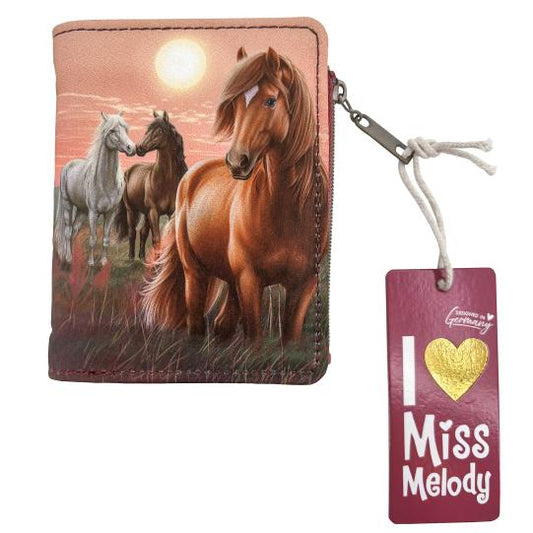 Wallet with horse design and 'I ❤️ Miss Melody' tag on a white background