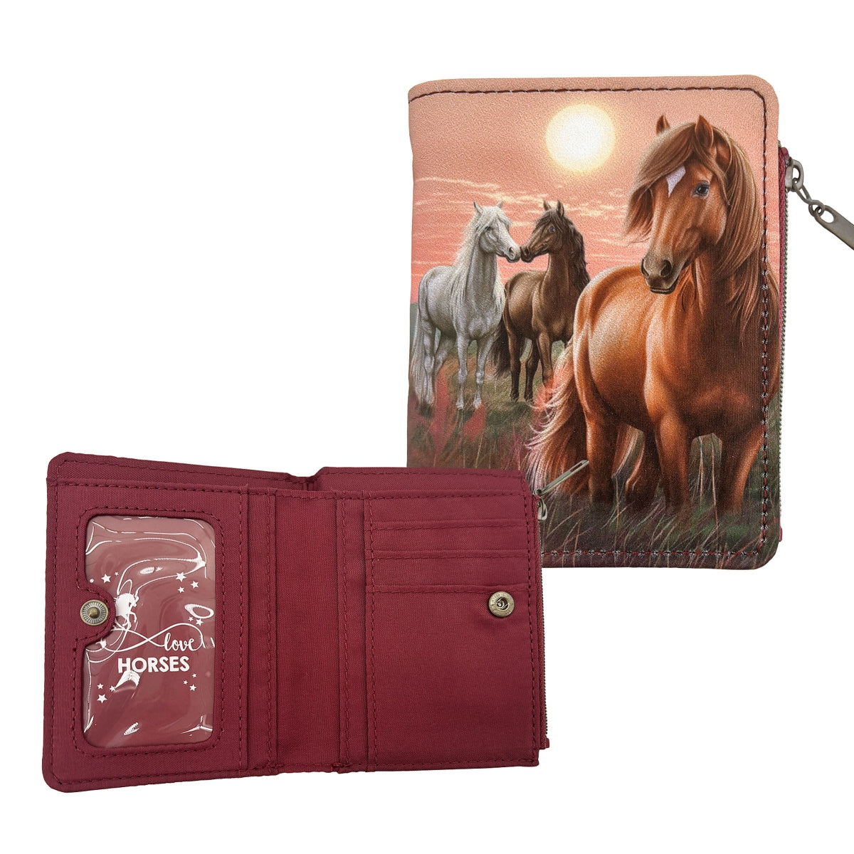 Red wallet with horse design on a white background