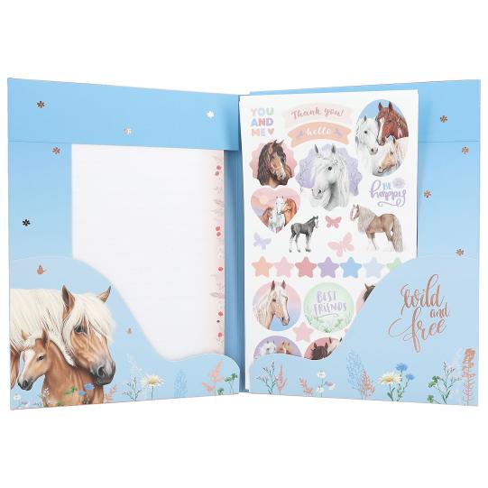 Stationery set with horse-themed designs on a white background