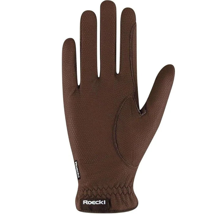 A single brown textured glove shown flat against a solid white background, with the brand name 'Roeckl' visible on the wrist cuff.