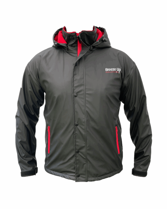 Black jacket with red accents and 'Breeze Up' logo on a white background