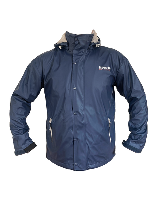 Blue jacket with a brand logo on a white background