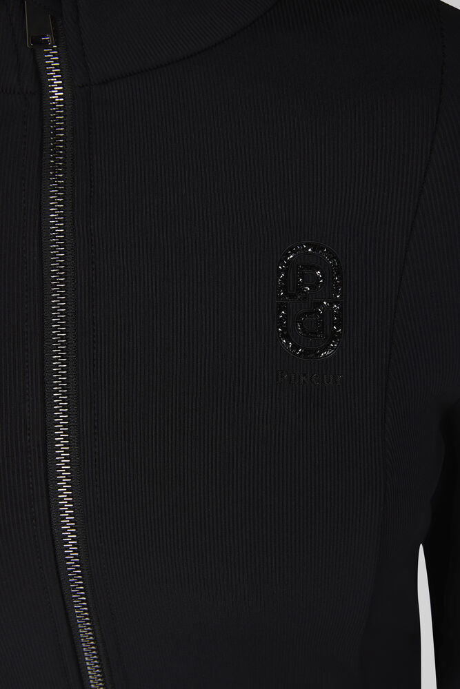 Close-up of a black ribbed zip-up jacket featuring a small black embroidered logo with sparkling embellishments on the chest.