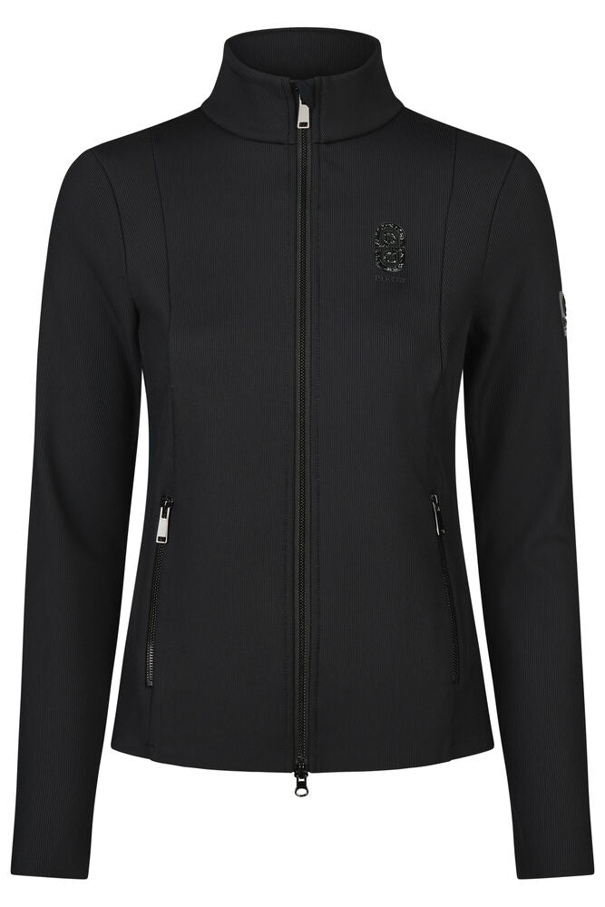A black women's full-zip jacket with a stand-up collar, zippered hand pockets, and a small embroidered logo on the left chest, shown against a plain white background.