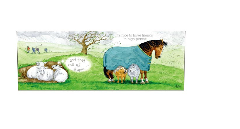 Mug illustration of a horse, sheep, and dog in a field with text about friends.
