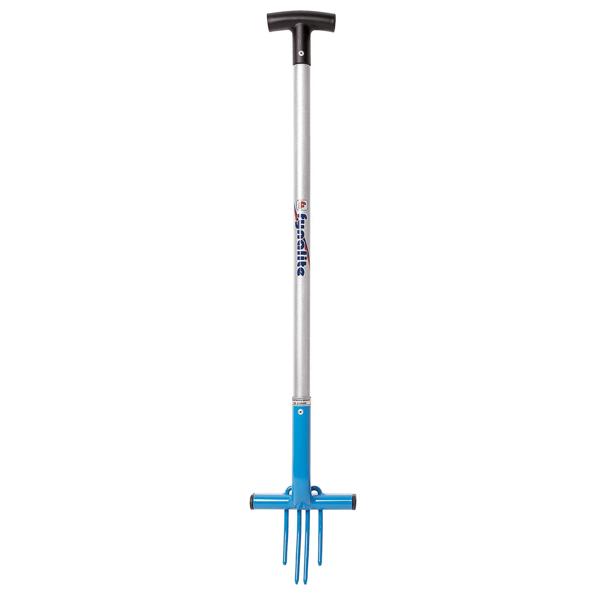 A metal garden fork with a silver shaft, blue fork head, and black T-handle, featuring the 'Grasshite' brand logo on the shaft.