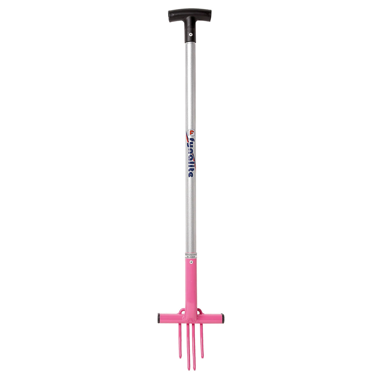A garden hand fork with a silver metal shaft, a black T-handle, and a bright pink fork head, featuring the 'Grasshite' brand logo on the shaft.