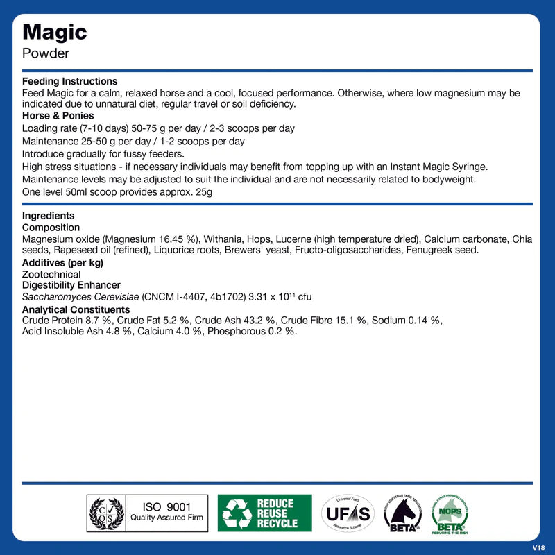 Label for Magic Powder with feeding instructions and product details on a blue background