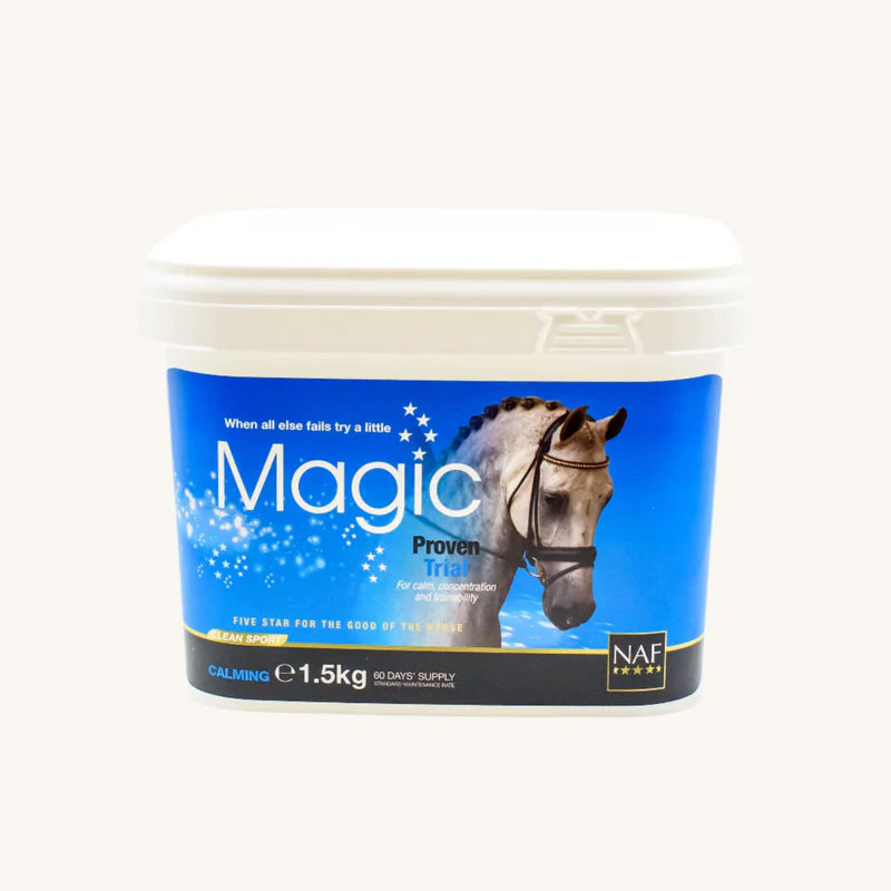 Container of NAF Magic product for horses on a white background