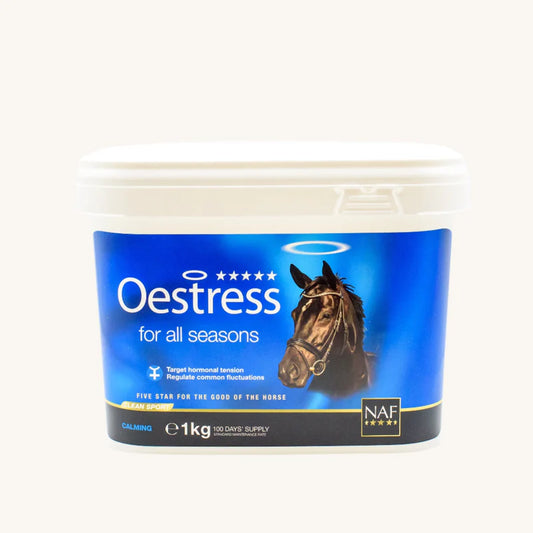 Oestress supplement container for horses with a blue label and horse image on a white background