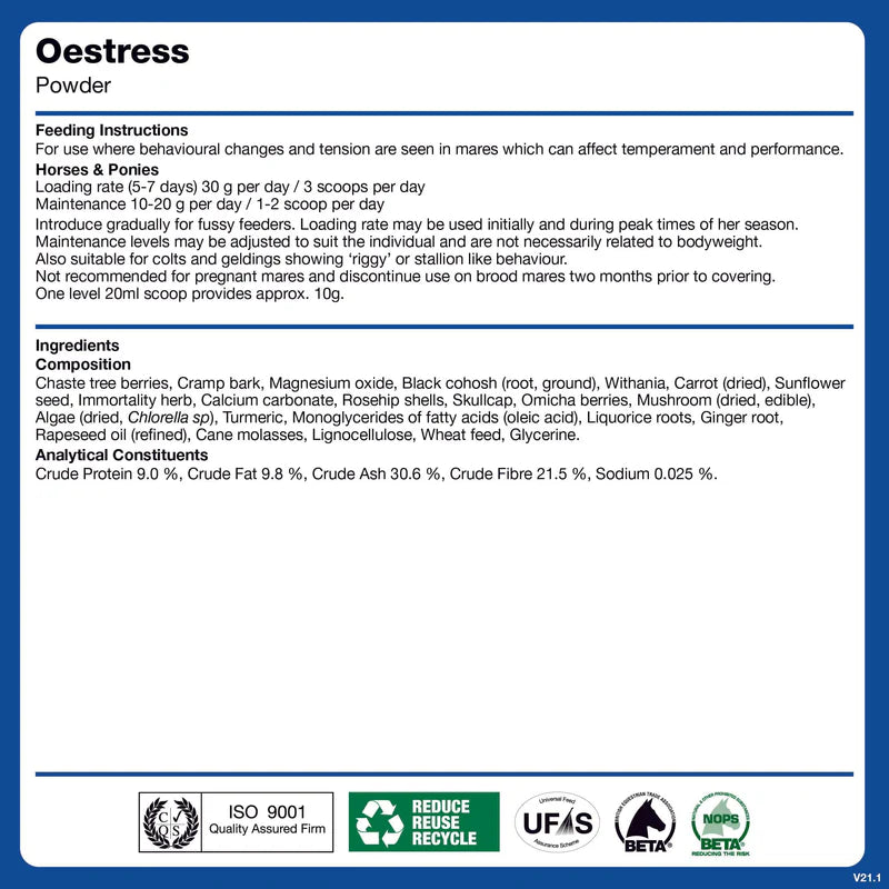 Oestress Powder label with feeding instructions and ingredient list on a blue background