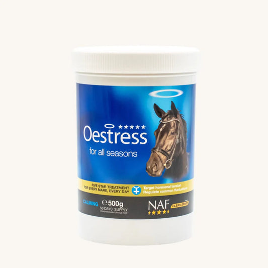 Oestress supplement container for horses with a horse's head on the label against a blue background.