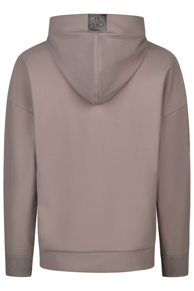 A dusty rose pink hooded sweatshirt shown from the back, featuring a central seam, ribbed cuffs, and a small square brand patch on the inside of the hood.