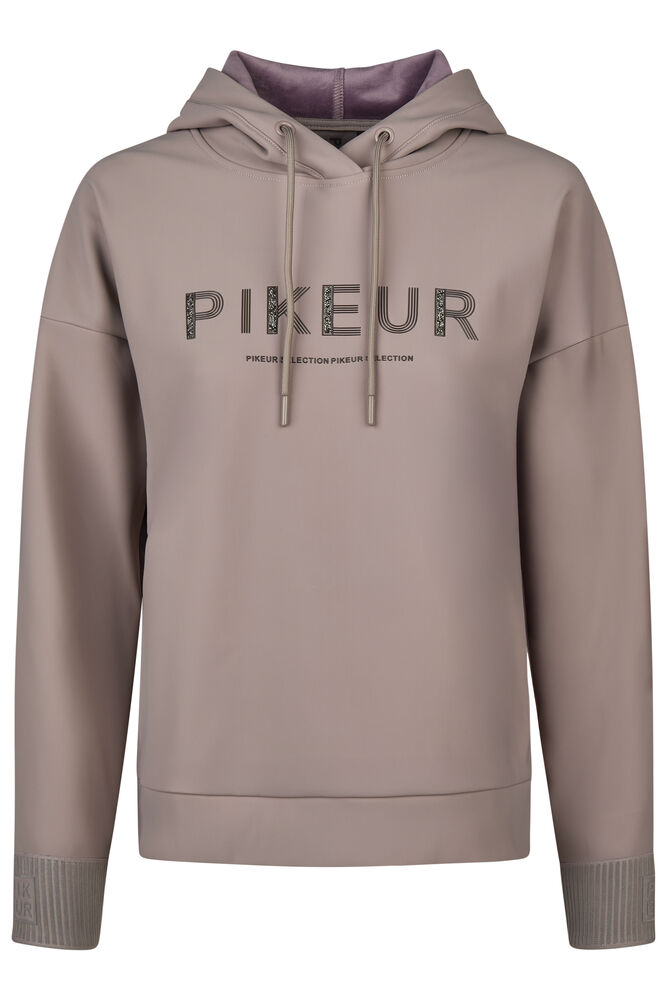 A taupe-brown pullover hoodie with a dark gray 'PIKEUR' logo printed across the chest, featuring a contrasting purple interior hood lining and ribbed cuffs.