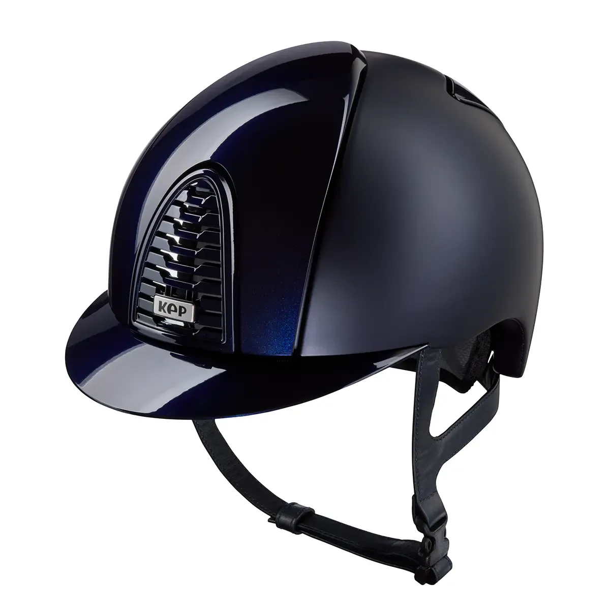 Navy riding helmet with visor on a white background