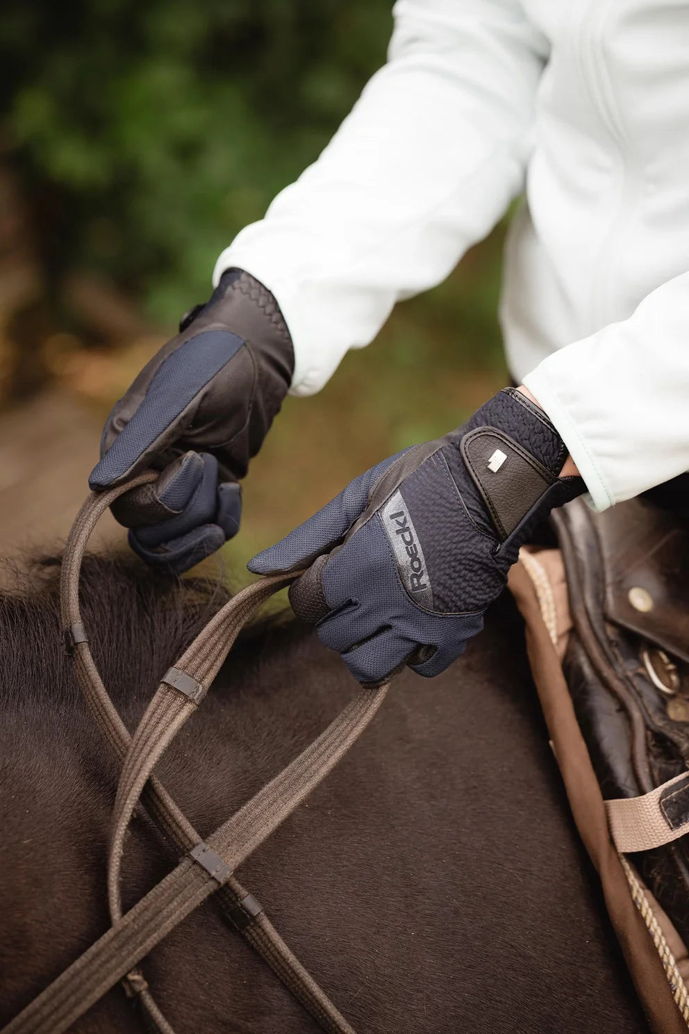 Person holding reins wearing navy gloves