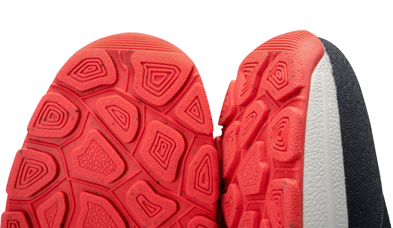 Close-up of red and navy shoe sole with textured pattern on a white background