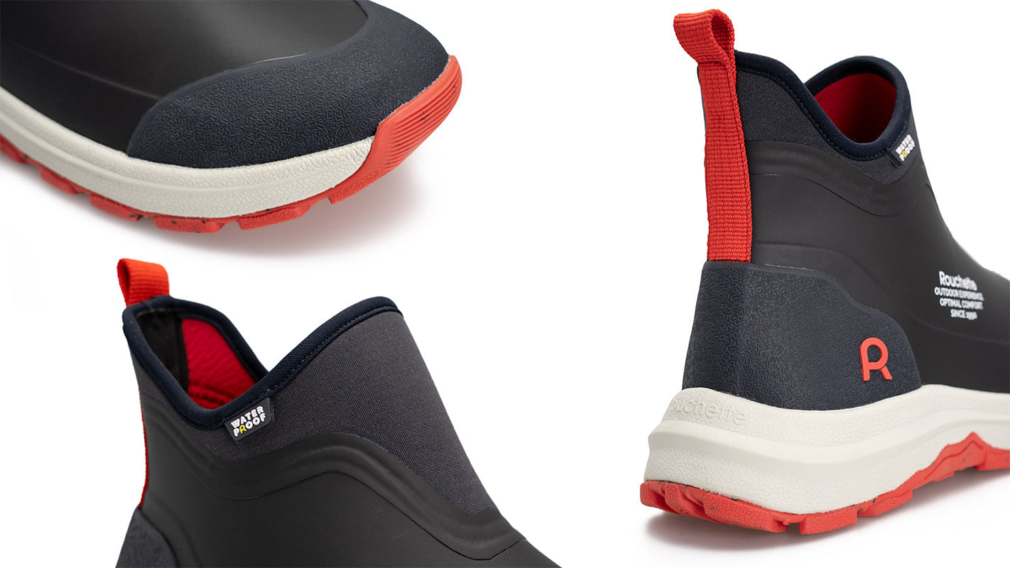 Black and red shoes with a visible brand logo on a white background