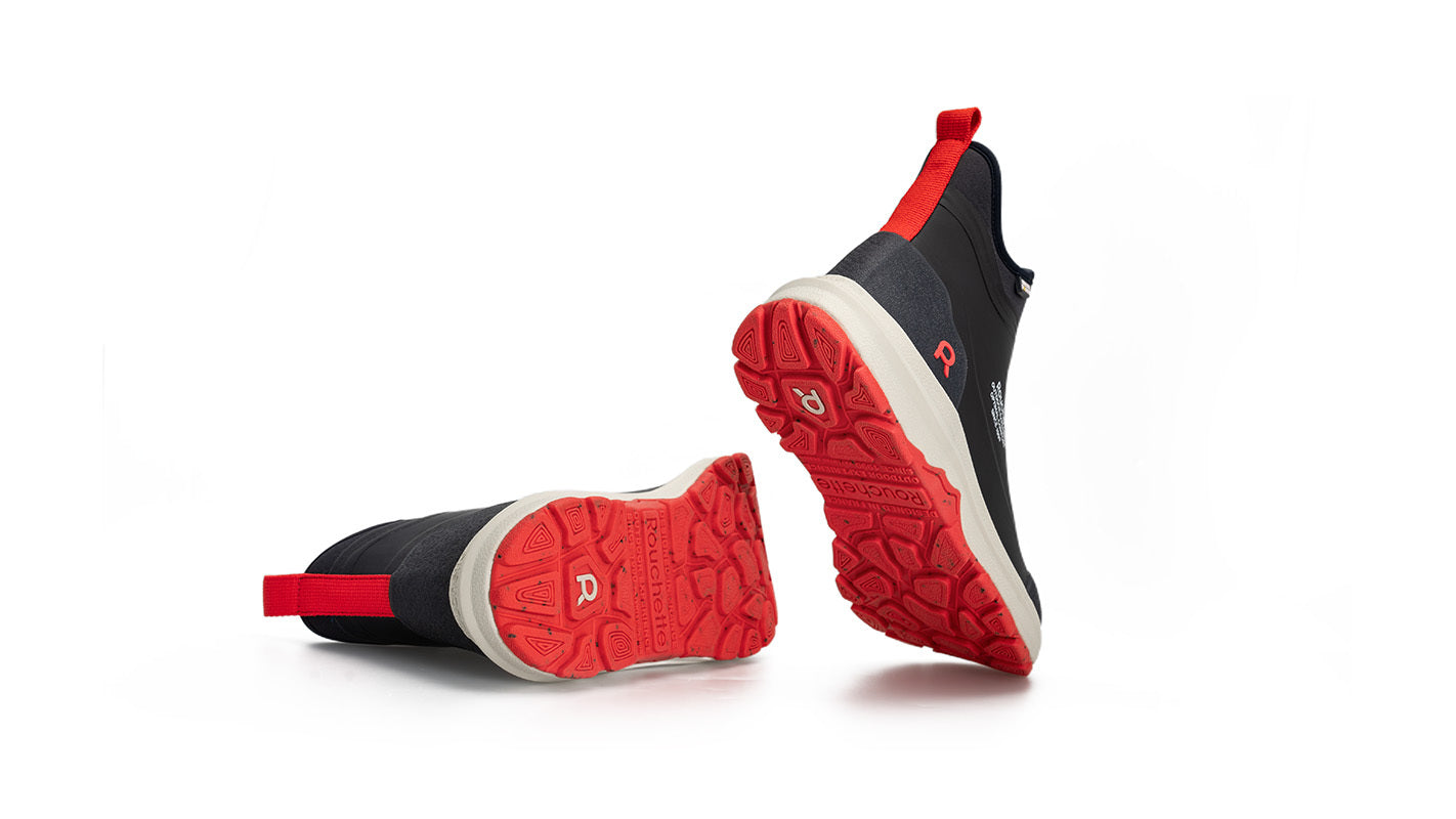 Navy and red shoes on a white background