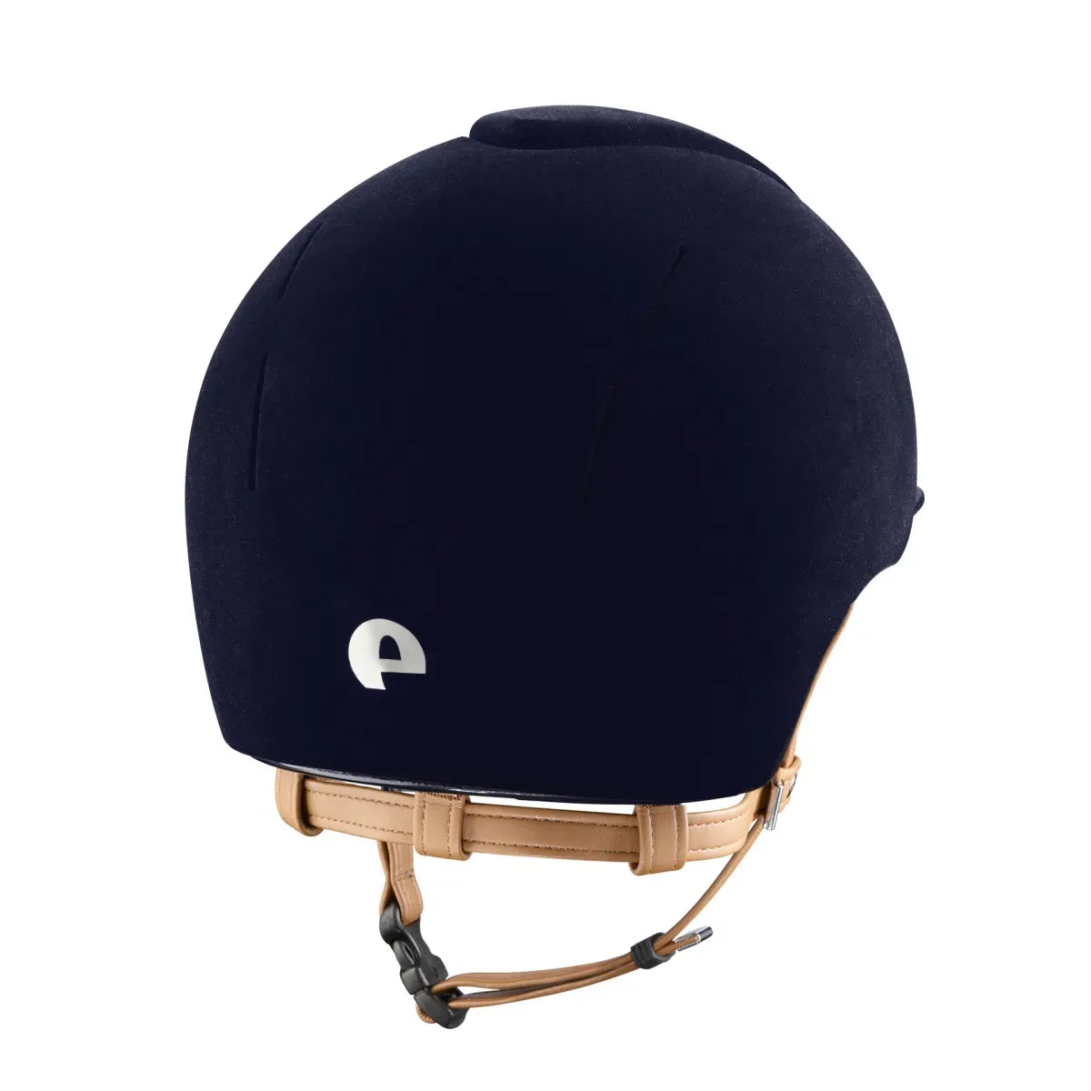 Navy helmet with tan chin strap on a white background
