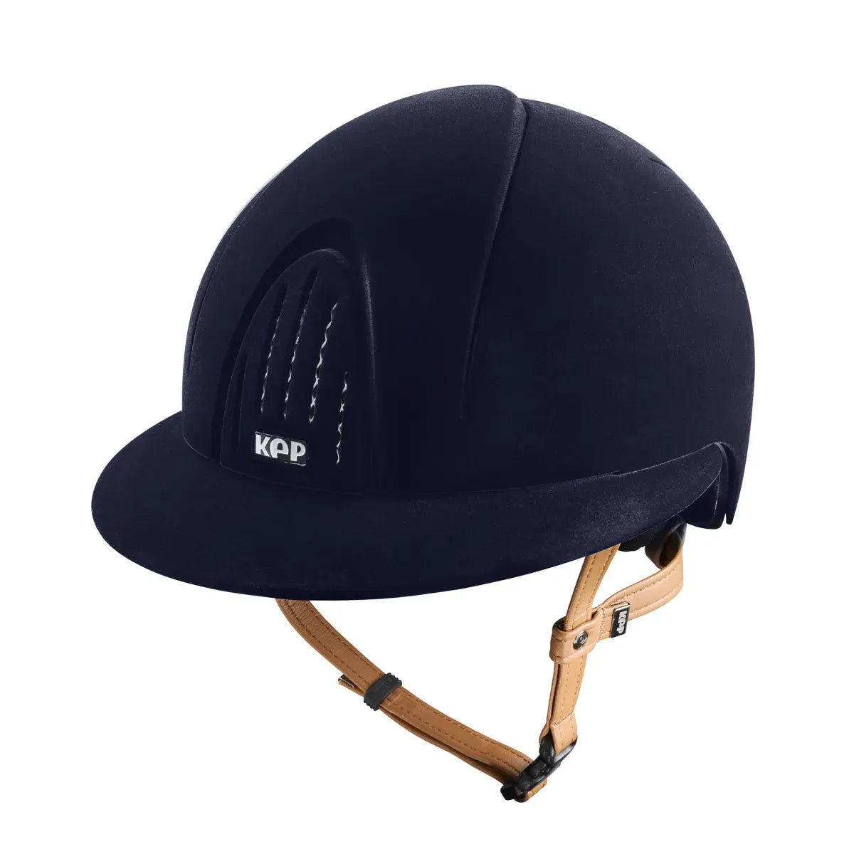 Navy riding helmet with brown straps on a white background