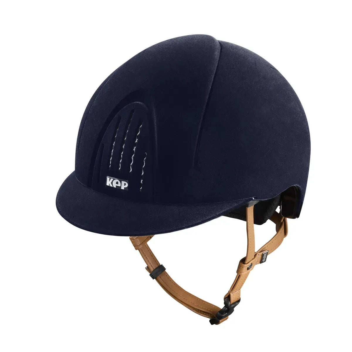 Navy riding helmet with brown straps on a white background