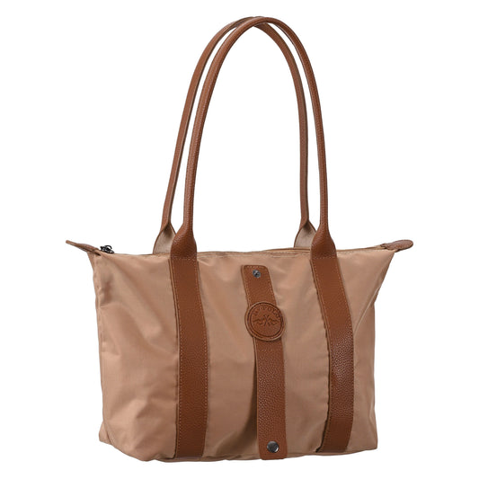 Beige handbag with brown leather details on a white background