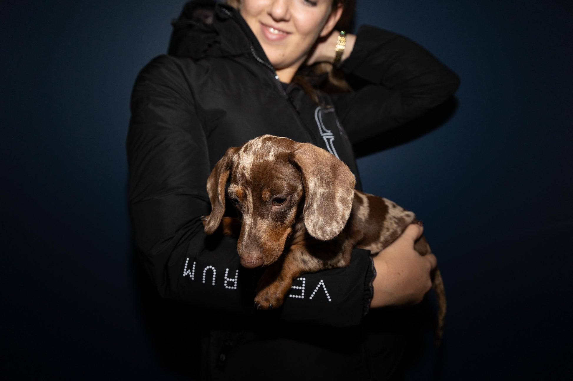 Person holding a small dog against a dark background