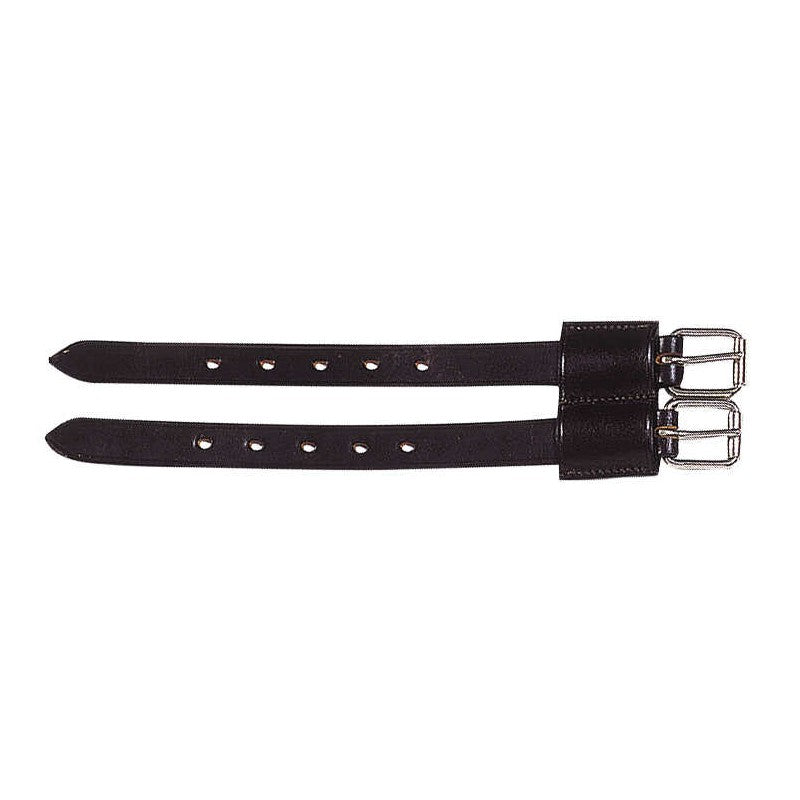 Black leather girth extensions with silver buckles on a white background