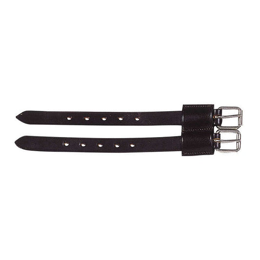 Black leather girth extensions with silver buckles on a white background
