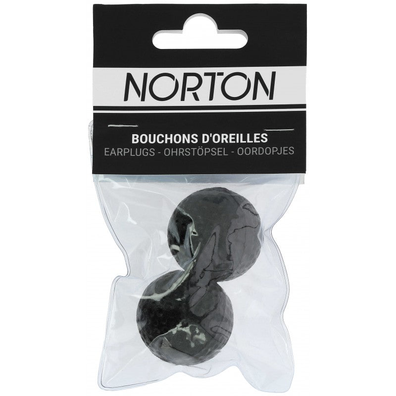 Norton earplugs in clear packaging with black background