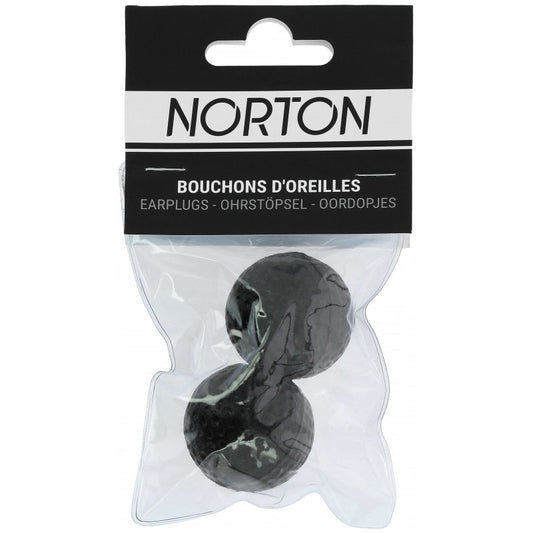 Norton earplugs in clear packaging with black background