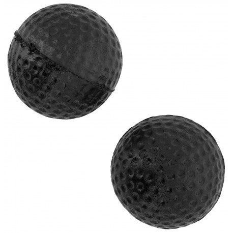Two black textured earplugs on a white background